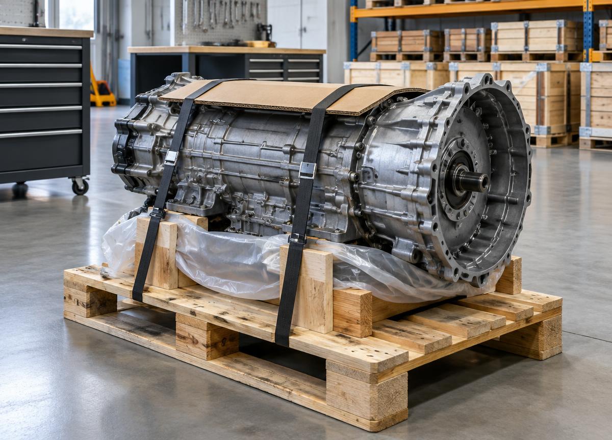 Illustrative example of a transmission secured for freight; not an actual MMMOTORS98 shipment